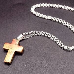 925 Silver Necklace W/ Stone Cross Green Pink Unakite Valentine Birthday Gift